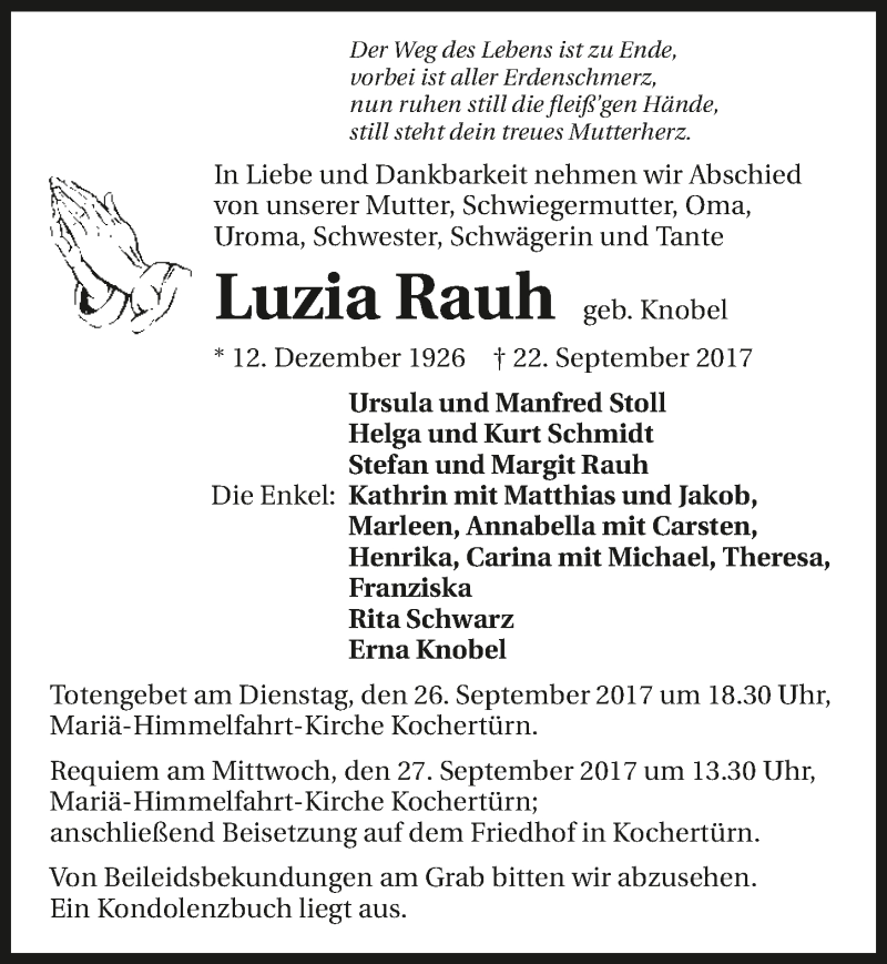  Traueranzeige für Luzia Rauh vom 25.09.2017 aus 