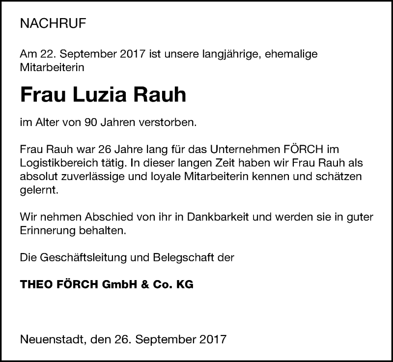  Traueranzeige für Luzia Rauh vom 26.09.2017 aus 