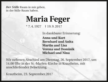 Traueranzeige von Maria Feger 