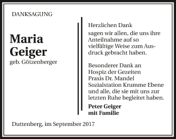 Traueranzeige von Maria Geiger 