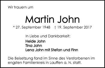 Traueranzeige von Martin John 