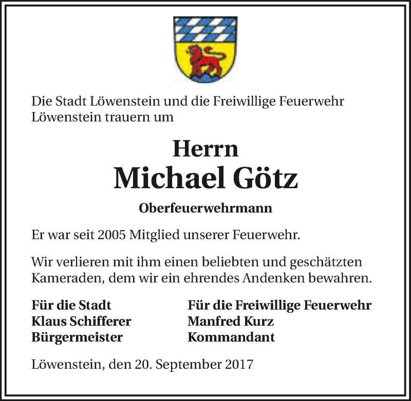  Traueranzeige für Michael Götz vom 20.09.2017 aus 
