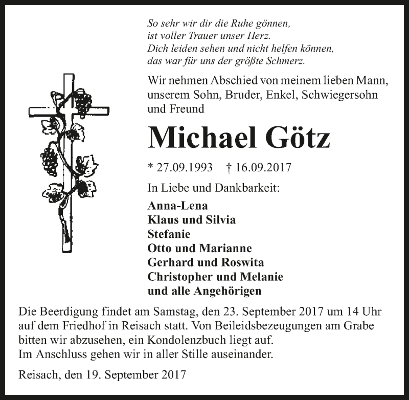  Traueranzeige für Michael Götz vom 19.09.2017 aus 