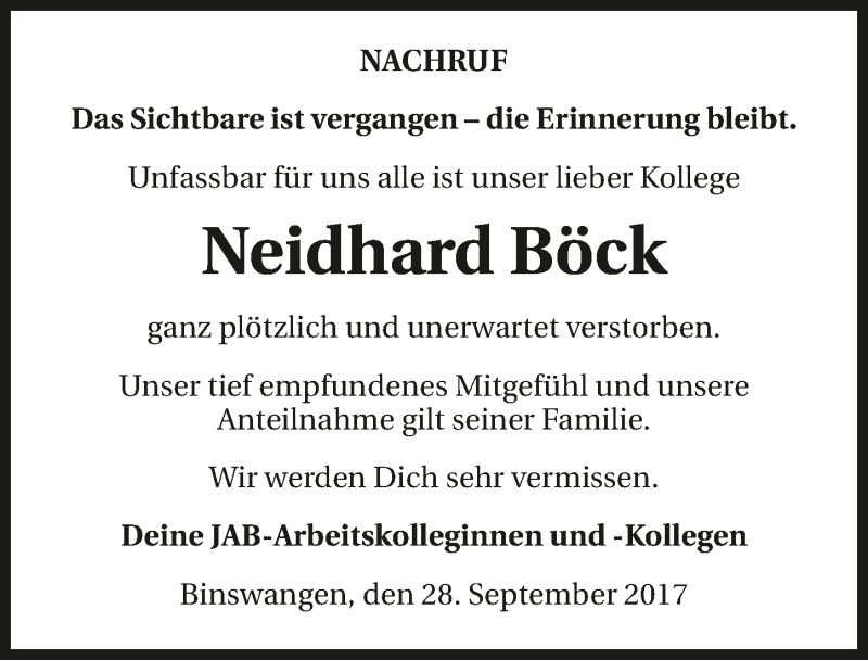  Traueranzeige für Neidhard Böck vom 28.09.2017 aus 