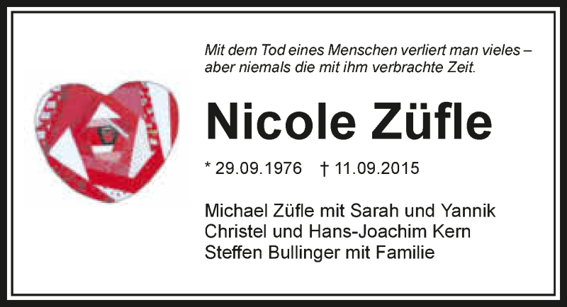  Traueranzeige für Nicole Züfle vom 11.09.2017 aus 
