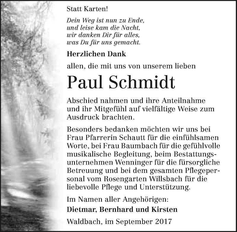  Traueranzeige für Paul Schmidt vom 28.09.2017 aus 