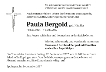 Traueranzeige von Paula Bergold 
