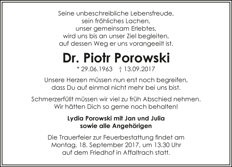  Traueranzeige für Piotr Porowski vom 15.09.2017 aus 