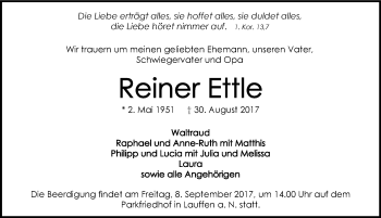 Traueranzeige von Reiner Ettle 