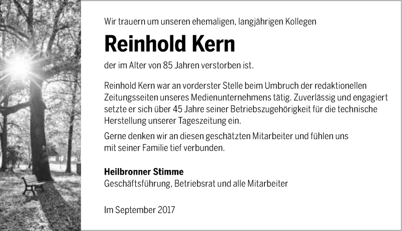 Traueranzeige für Reinhold Kern vom 20.09.2017 aus 