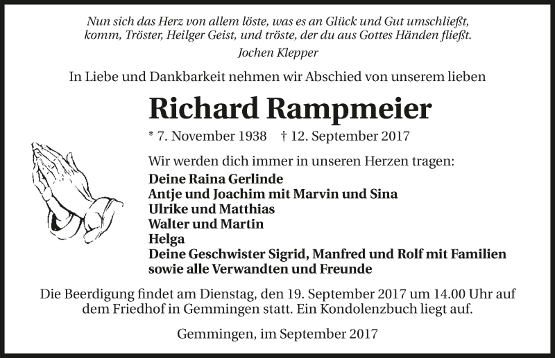  Traueranzeige für Richard Rampmeier vom 16.09.2017 aus 