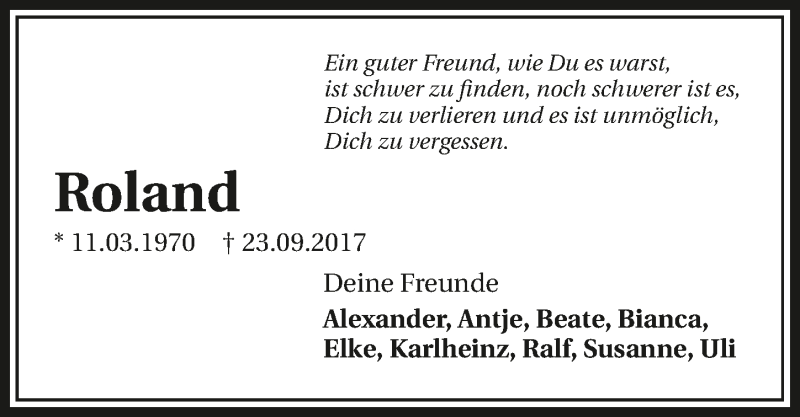  Traueranzeige für Roland Frank vom 30.09.2017 aus 