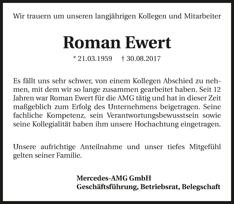  Traueranzeige für Roman Ewert vom 07.09.2017 aus 