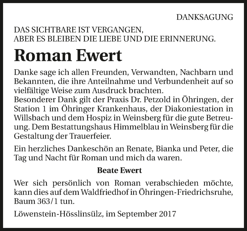  Traueranzeige für Roman Ewert vom 16.09.2017 aus 