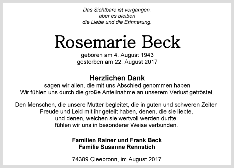  Traueranzeige für Rosemarie Beck vom 02.09.2017 aus 