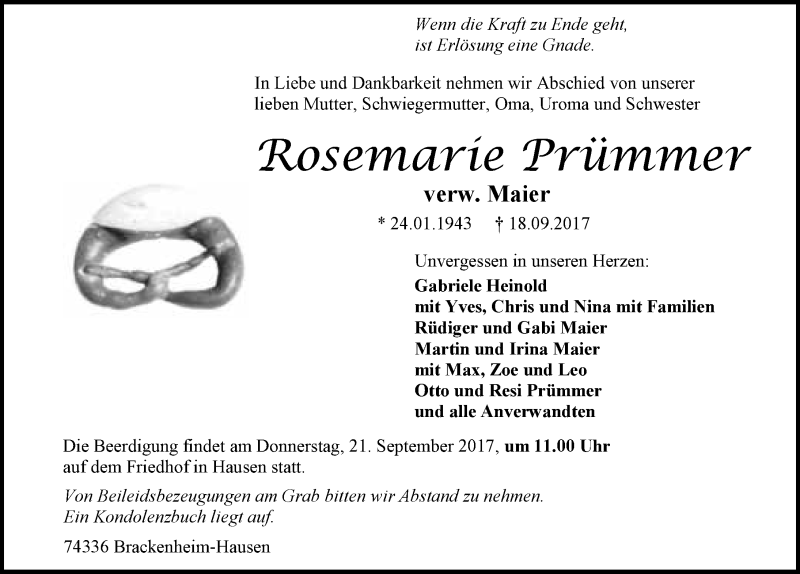  Traueranzeige für Rosemarie Prümmer vom 20.09.2017 aus 