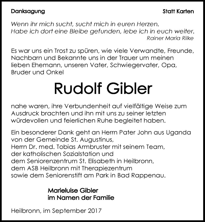  Traueranzeige für Rudolf Gibler vom 02.09.2017 aus 