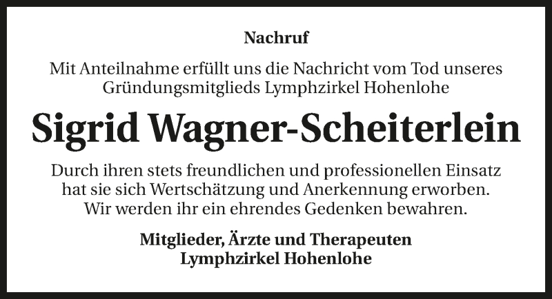  Traueranzeige für Sigrid Wagner-Scheiterlein vom 08.09.2017 aus 