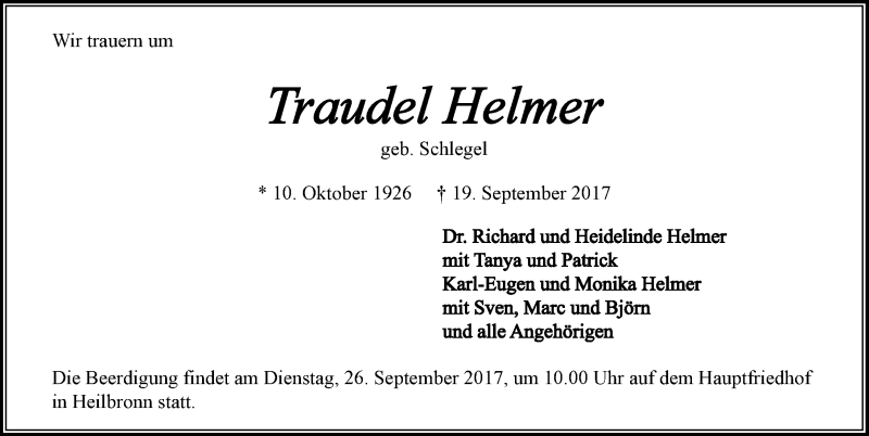  Traueranzeige für Traudel Helmer vom 23.09.2017 aus 