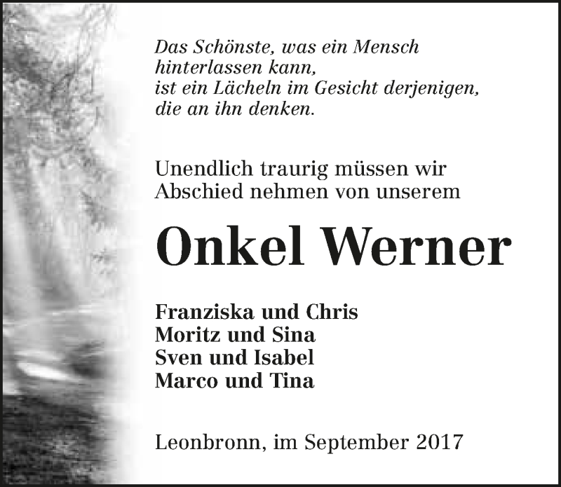  Traueranzeige für Werner Fischer vom 13.09.2017 aus 