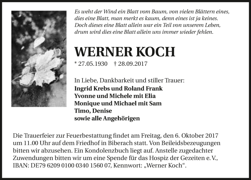  Traueranzeige für Werner Koch vom 30.09.2017 aus 