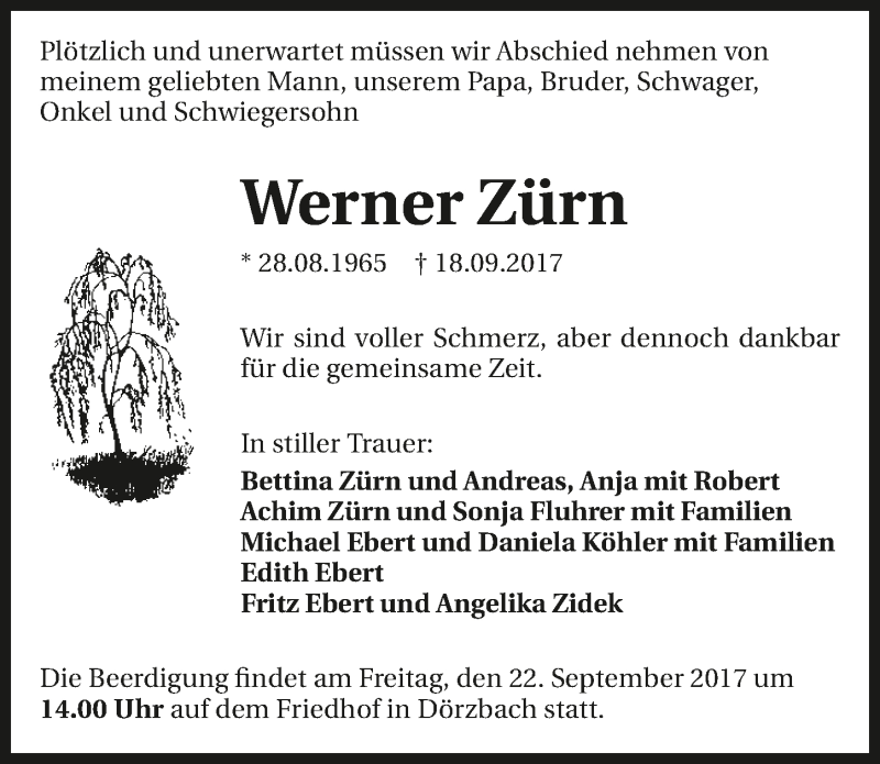  Traueranzeige für Werner Zürn vom 21.09.2017 aus 