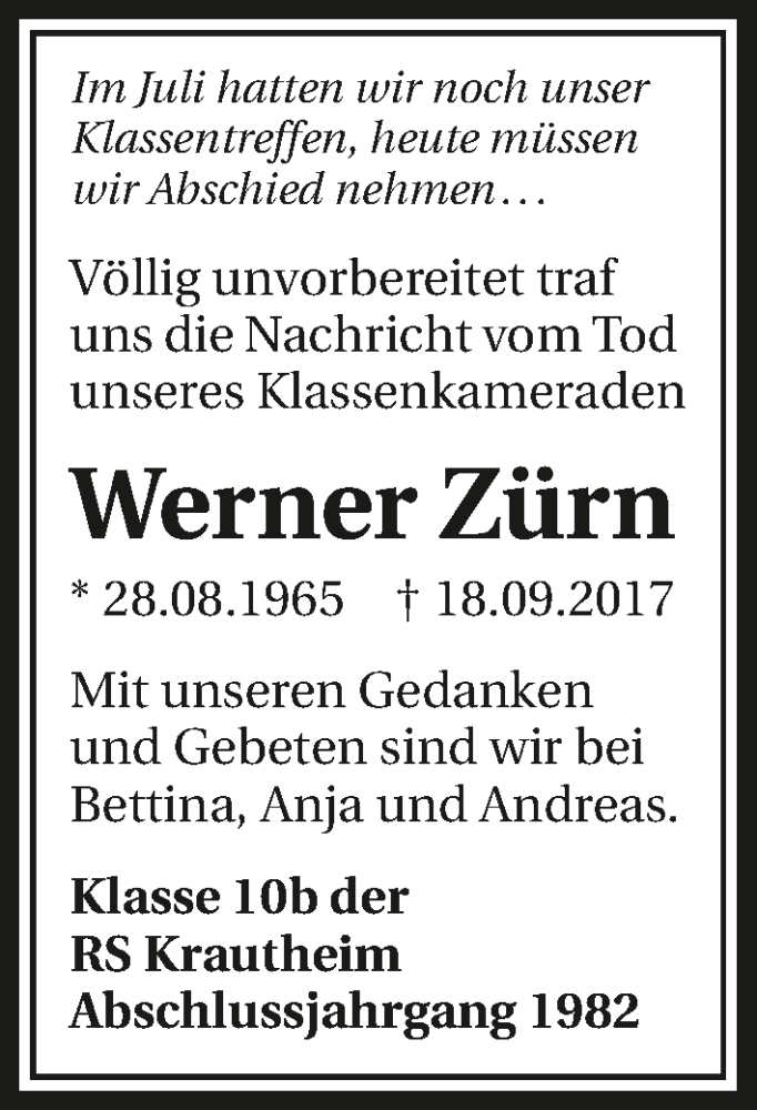  Traueranzeige für Werner Zürn vom 22.09.2017 aus 