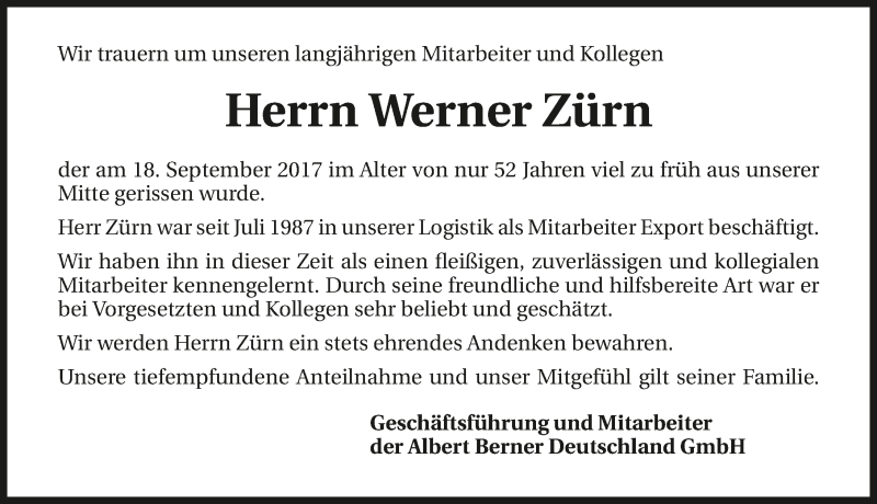  Traueranzeige für Werner Zürn vom 22.09.2017 aus 