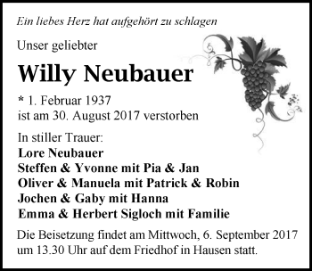 Traueranzeige von Willy Neubauer 