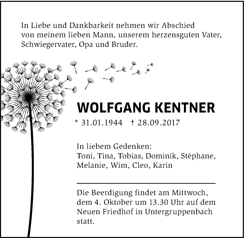 Traueranzeige für Wolfgang Kentner vom 30.09.2017 aus 