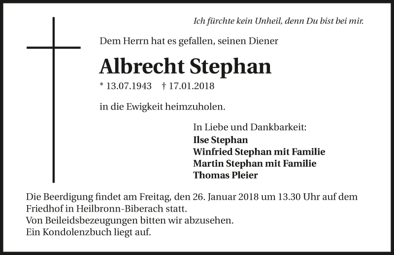  Traueranzeige für Albrecht Stephan vom 23.01.2018 aus 
