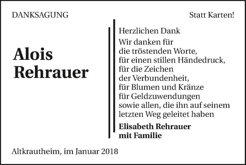  Traueranzeige für Alois Rehrauer vom 05.01.2018 aus 