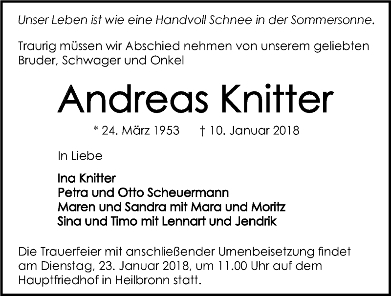  Traueranzeige für Andreas Knitter vom 13.01.2018 aus 