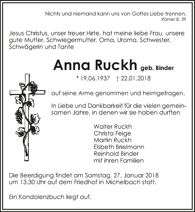  Traueranzeige für Anna Ruckh vom 25.01.2018 aus 