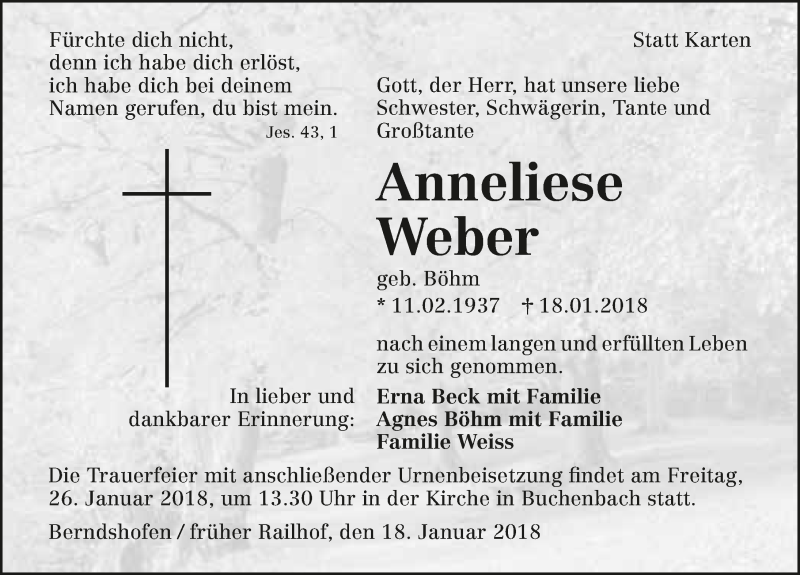  Traueranzeige für Anneliese Weber vom 23.01.2018 aus 