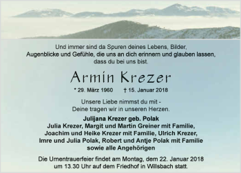 Traueranzeige von Armin Krezer
