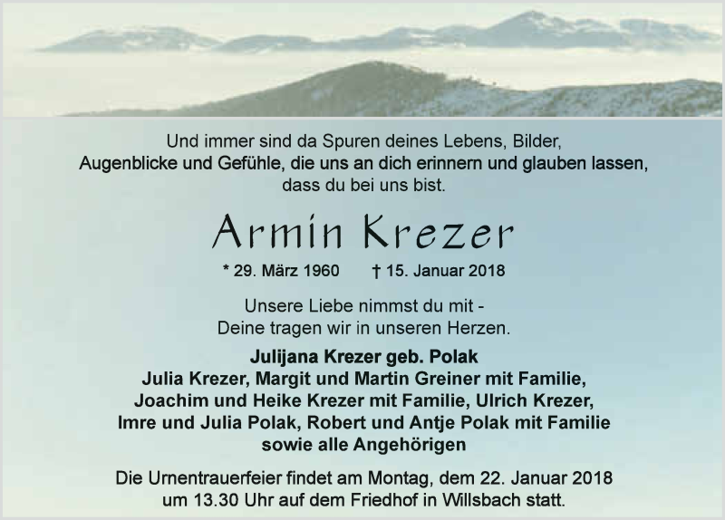  Traueranzeige für Armin Krezer vom 18.01.2018 aus 