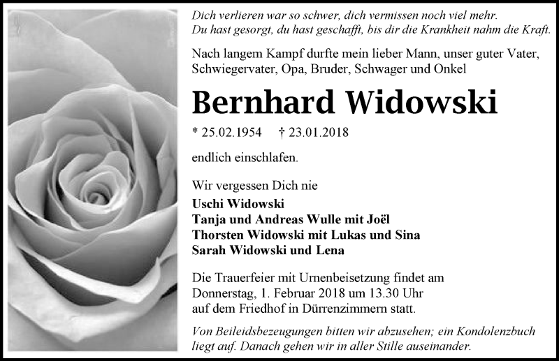  Traueranzeige für Bernhard Widowski vom 27.01.2018 aus 