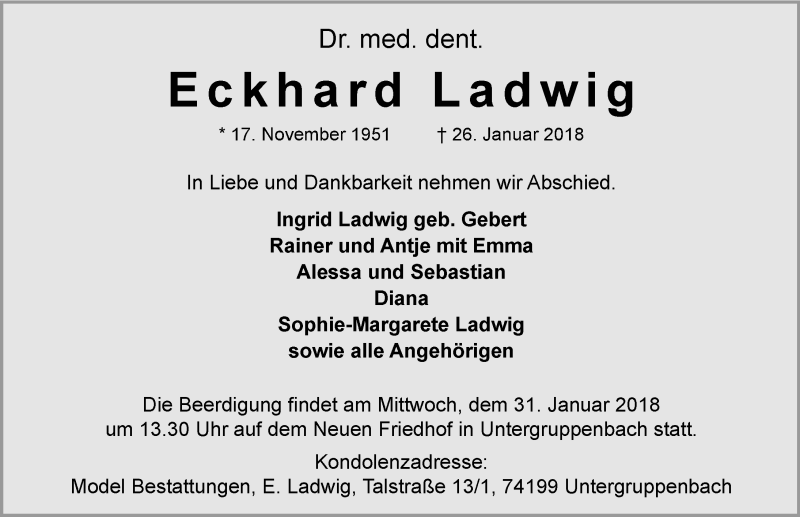  Traueranzeige für Eckhard Ladwig vom 27.01.2018 aus 