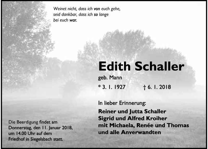  Traueranzeige für Edith Schaller vom 10.01.2018 aus 