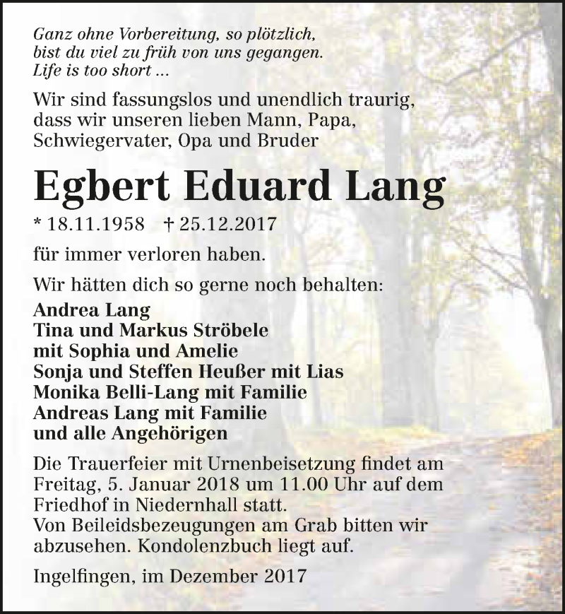  Traueranzeige für Egbert Eduard Lang vom 02.01.2018 aus 