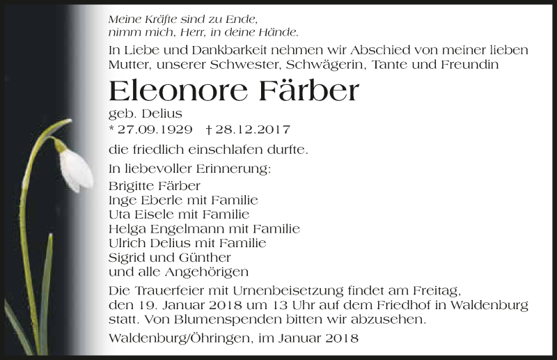  Traueranzeige für Eleonore Färber vom 16.01.2018 aus 