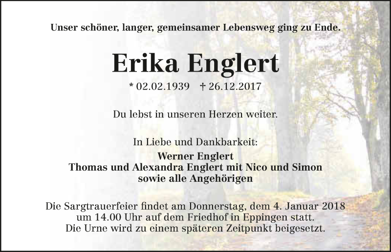  Traueranzeige für Erika Englert vom 02.01.2018 aus 