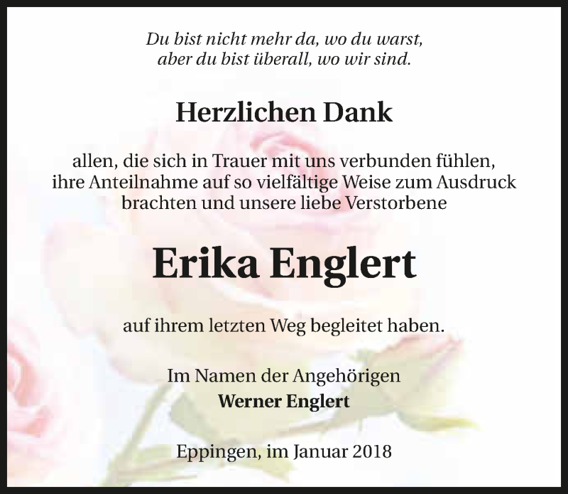  Traueranzeige für Erika Englert vom 15.01.2018 aus 