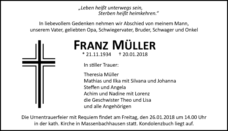  Traueranzeige für Franz Müller vom 24.01.2018 aus 