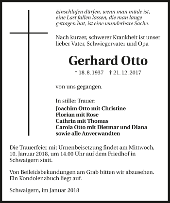 Traueranzeige von Gerhard Otto 