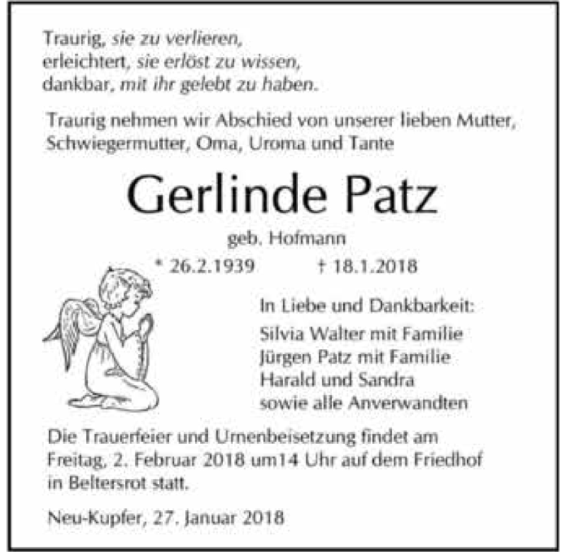  Traueranzeige für Gerlinde Patz vom 27.01.2018 aus 