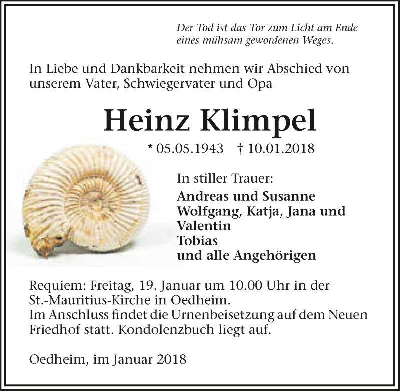  Traueranzeige für Heinz Klimpel vom 16.01.2018 aus 