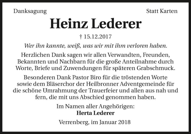  Traueranzeige für Heinz Lederer vom 24.01.2018 aus 