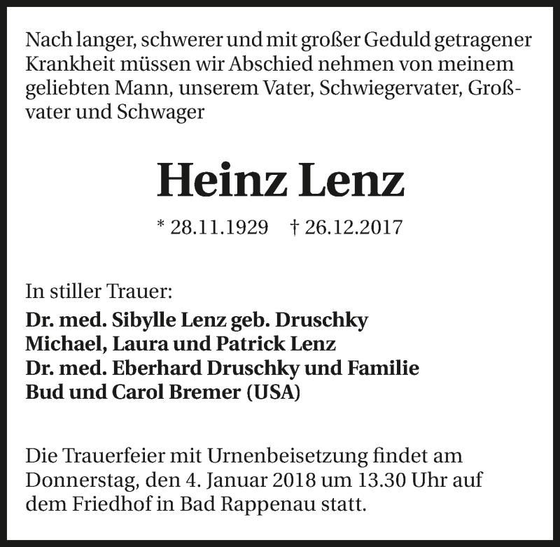  Traueranzeige für Heinz Lenz vom 02.01.2018 aus 